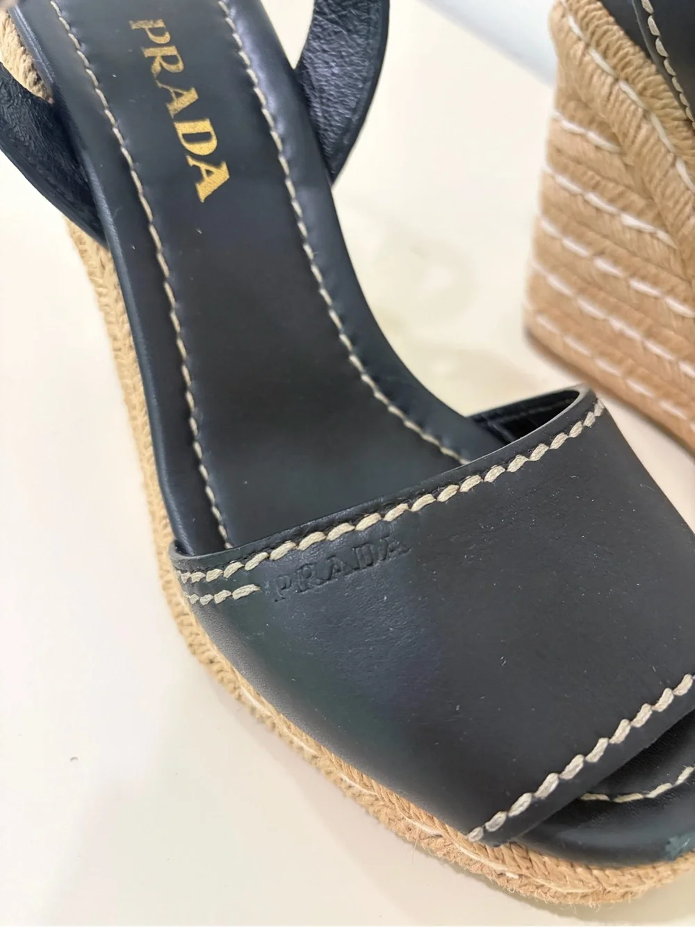 Prada Black Leather Espadrille Wedge Sandals with Contrast Stitching